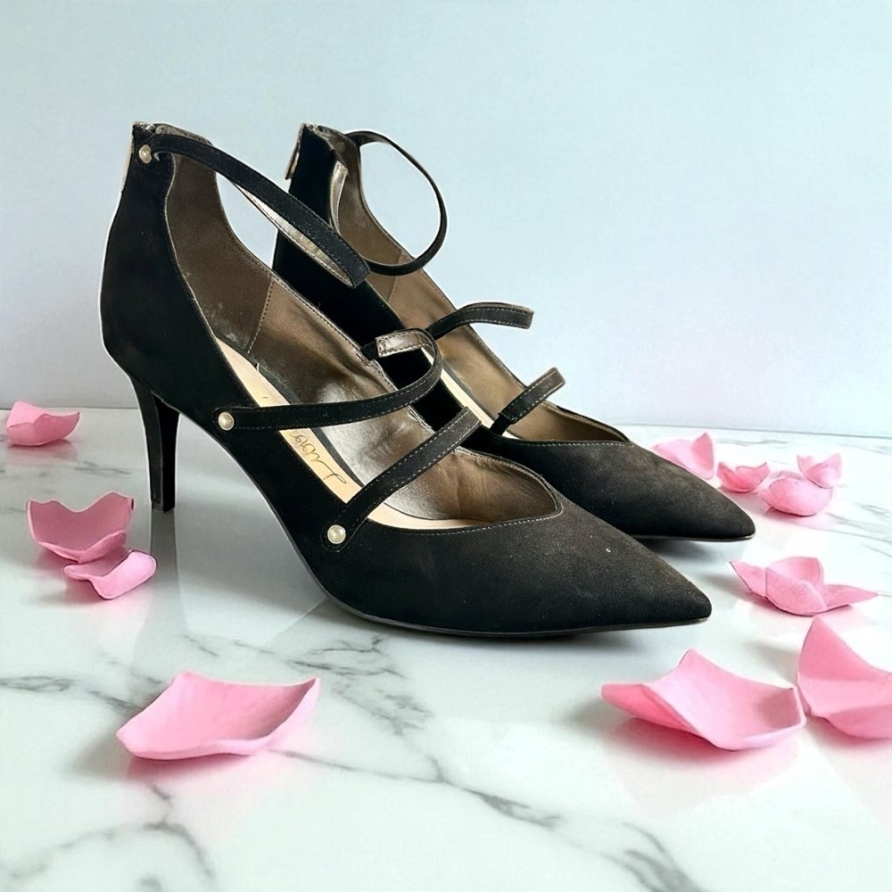 Libby Edelman ‘Le Teydin’ Black Vegan Suede Strappy Heels with Pearl Accents 11